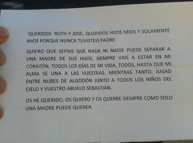 Ruth a sus hijos: «Jugad entre las nubes con todos los niños del cielo» |  Teinteresa